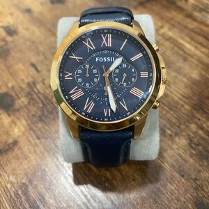 Fossil Grant Chronograph Gold Case with Leather Navy Strap Watch
